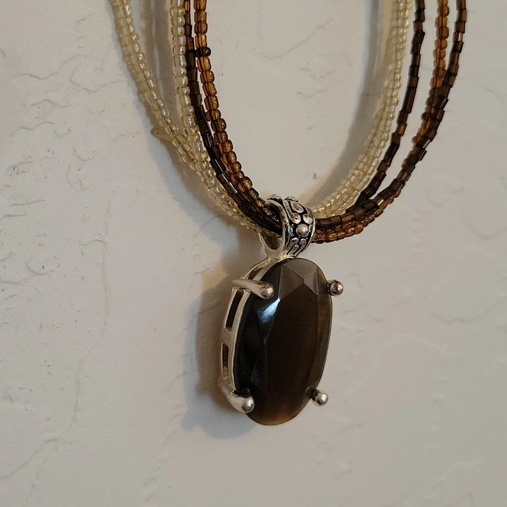 Vintage five string Beaded Necklace w/ Brown Stone - Picture 2 of 6